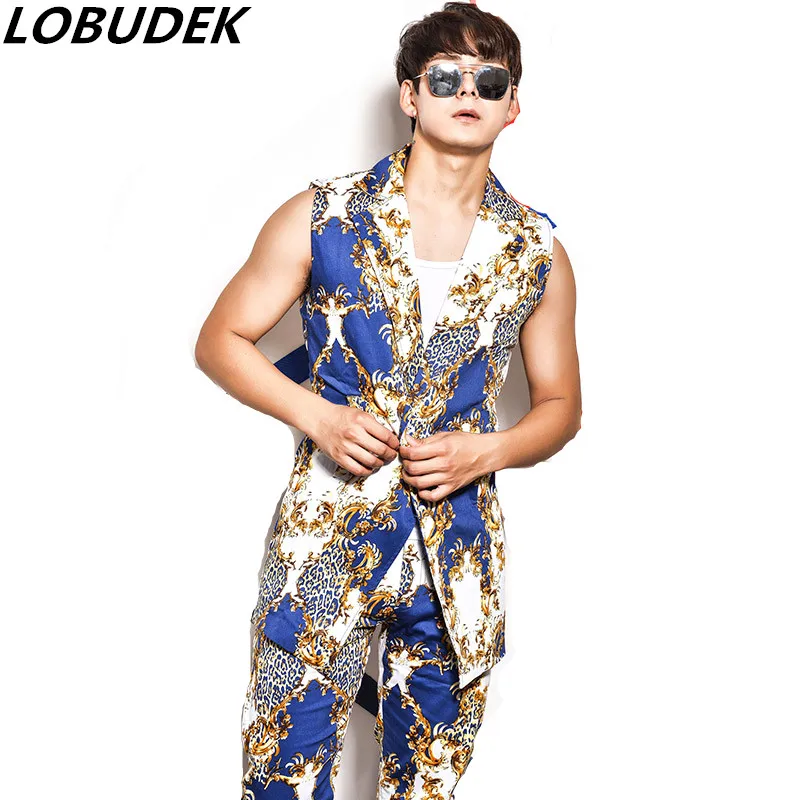 

(vest+pants) male vest suit nightclub bar stage costumes slim 2 piece sets singer prom show hip hop jazz DS performance clothing