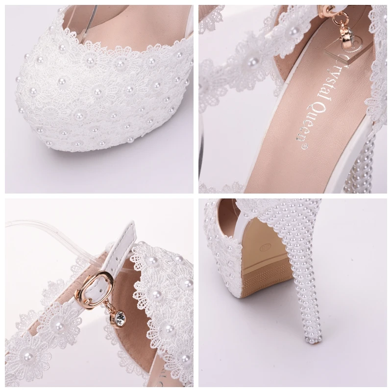 Королевские белые свадебные туфли с кружевными цветами свадебные туфли-лодочки с ремешком вокруг лодыжки на высоком каблуке 14 см с круглым носком женские босоножки Обувь Для подружки невесты