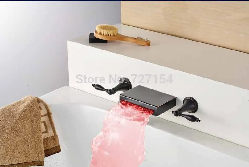

LED Color Changing Waterfall Basin Faucet Dual Handles Mixer Wall Mounted Faucet