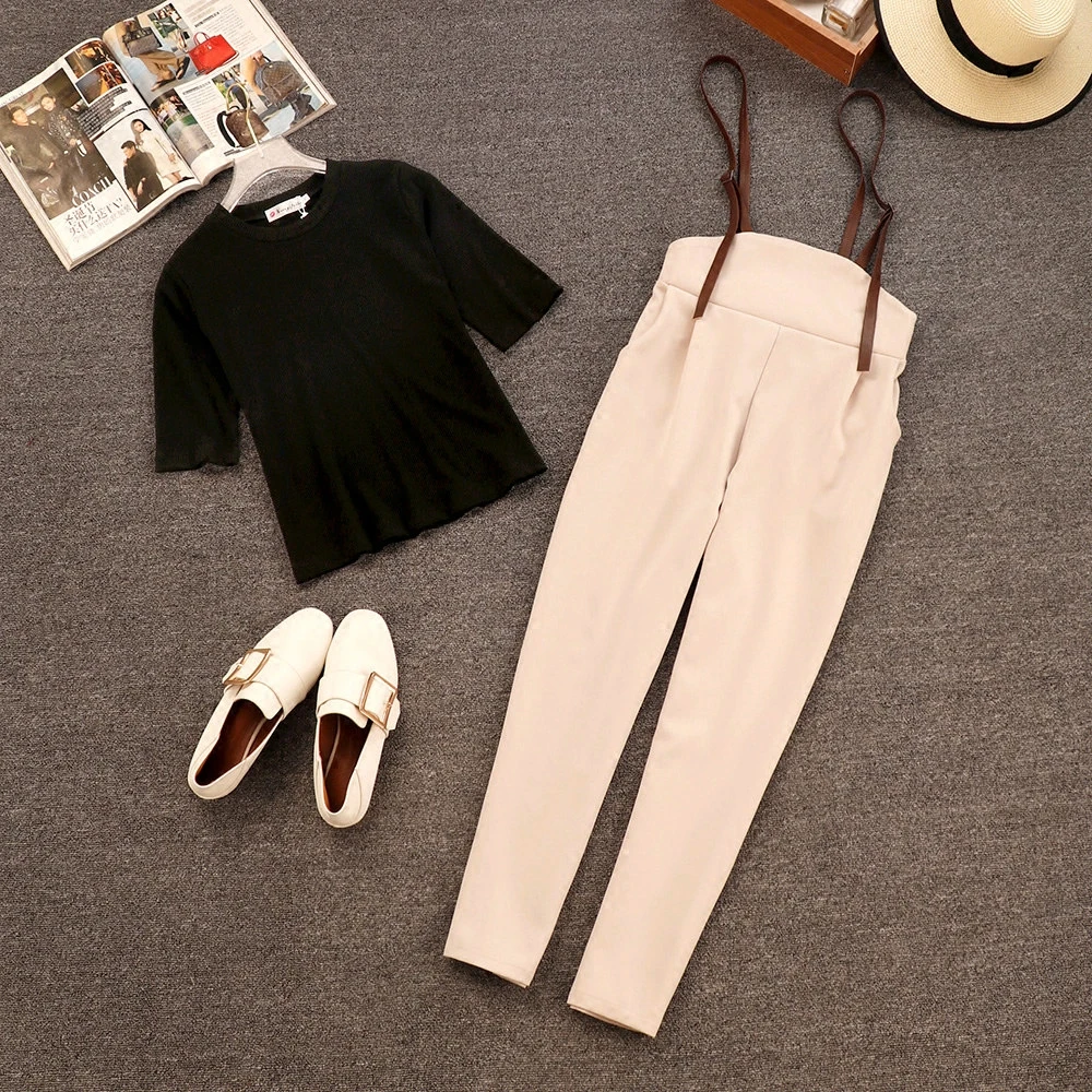 

TAOVK Summer Sweet Sets for Women Black Round Neck Short Sleeve T-shirts + High Waist Strap Pants Casual Suits