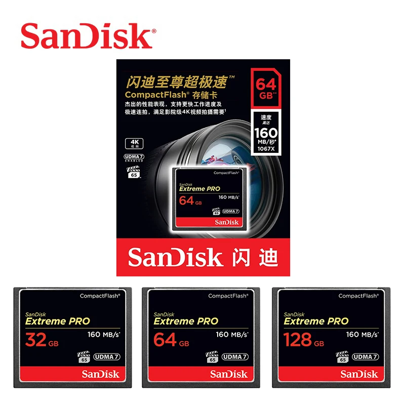Лучший Карта памяти SanDisk CF Extreme Pro 16 ГБ 32 64 128 256 CompactFlash 1067X160 МБ s для богатых 4 к и Full HD видео SDCFXPS