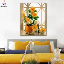 DIY раскрашивания фотографии по номерам с цвета желтая роза и белый изображение розы рисунок живопись по номерам оформлена дома