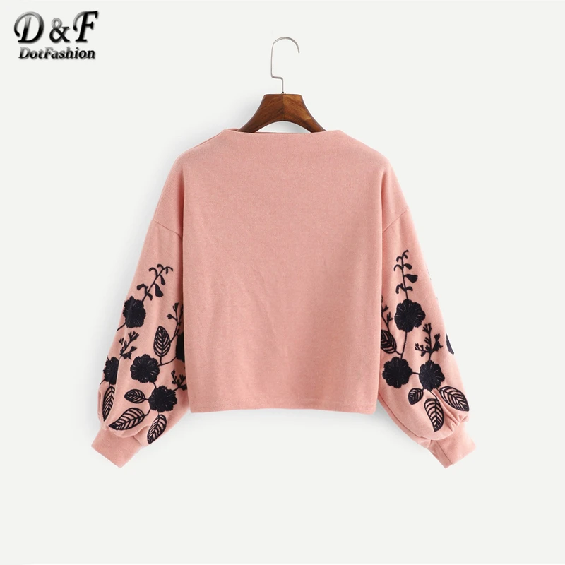 Dotfashion الوردي أسقف كم الزهور قطرة الكتف التطريز المحاصيل البلوز النساء عارضة الخريف الطربوش الرقبة الملابس البلوز