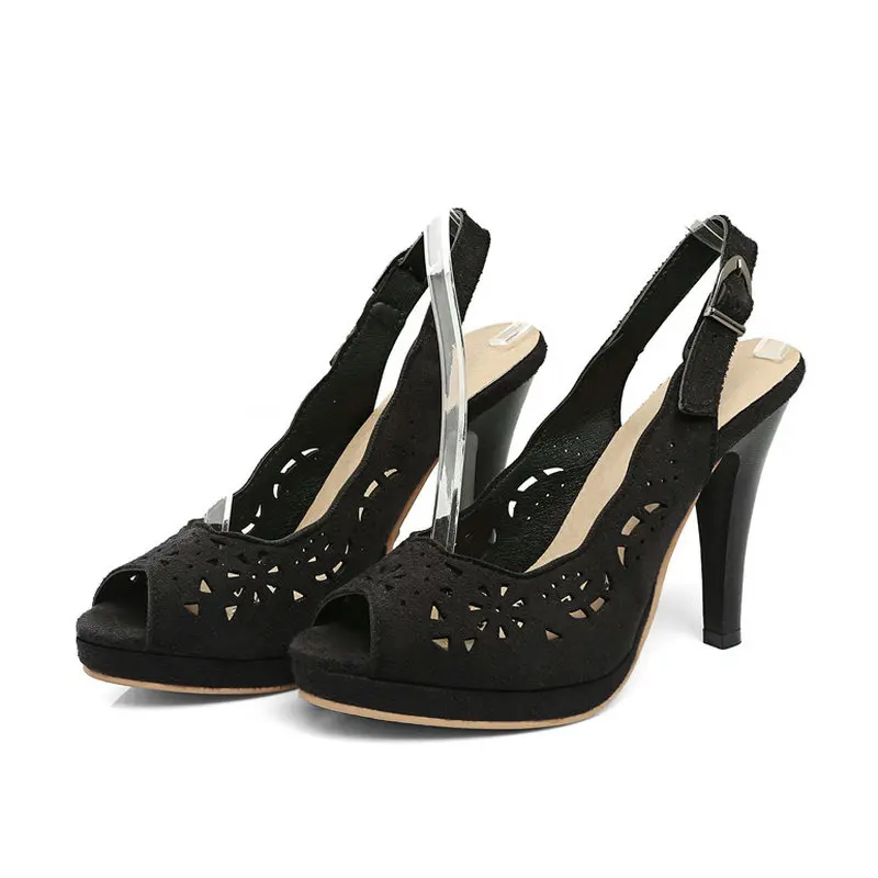 

B2-7 DF Size 34-43 Female Flock Hollow Buckle Strap Sandals Woman Platform Beep Toes Shoes Ladies Summer High Heels Shoe Women