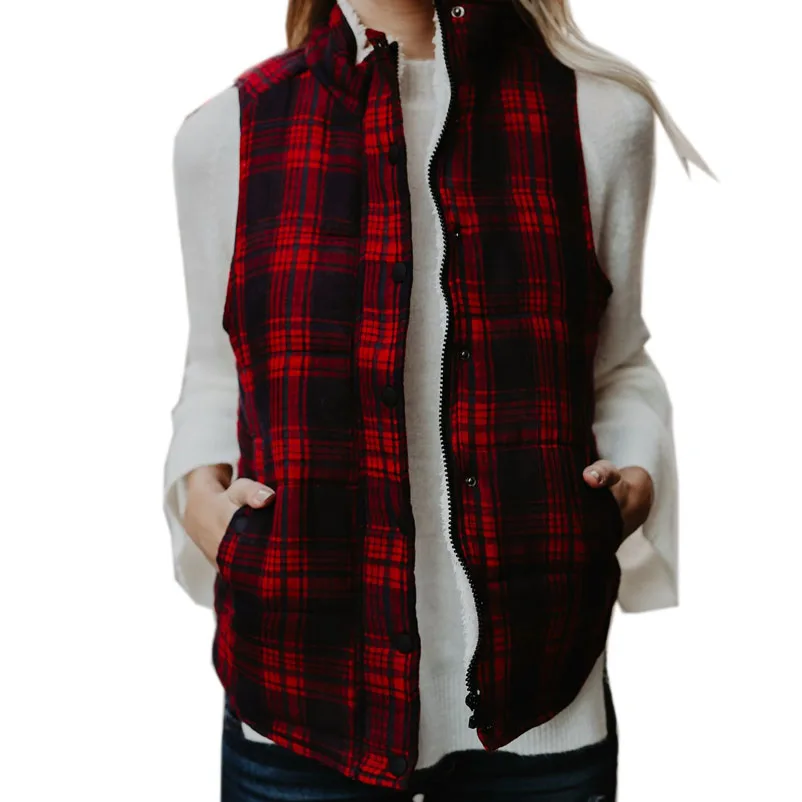 

Womens Red White Plaid Vests Tops Casual Warm Velvet Tops 2019 Female Autumn Winter Zipper Pockets Cotton Vest Coats Tank Jacket