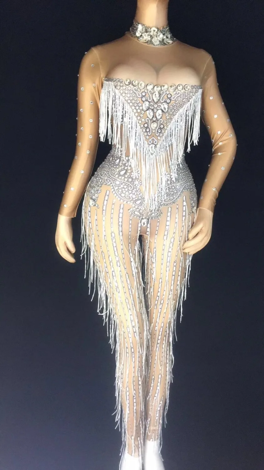 Silver Crystals Tassel Bodysuit Women Stage Show Dance Jumpsuit Costume
