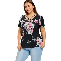 Женские рубашки с цветочным принтом с коротким рукавом 2019 Летние повседневные женские футболки с v-образным вырезом больших размеров