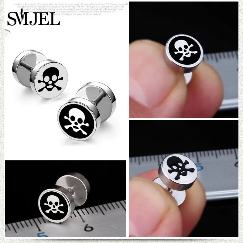 

SMJEL Stainless Steel Skull Skeleton Stud Earring Faux Fake Ear Plugs Flesh Tunnel Gauges Tapers Earring Body Jewelry bijoux