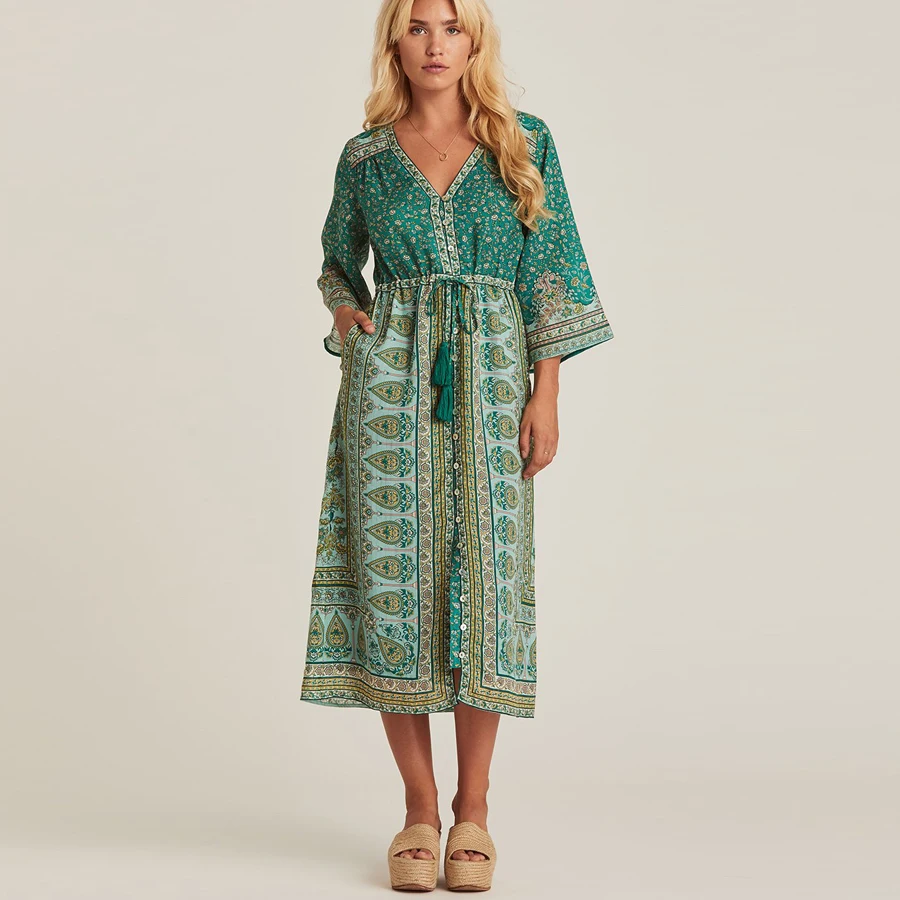 

TEELYNN boho dress rayon mint floral print tunic dresses flare Sleeve v-neck Drawstring waist long women dresses Gypsy Vestido
