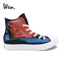 Вэнь Original ручная роспись парусиновая обувь синий и красный цвета Galaxy пространство дизайнеры кроссовки Для женщин кроссовки Для мужчин высокие пары тапочек шнуровке