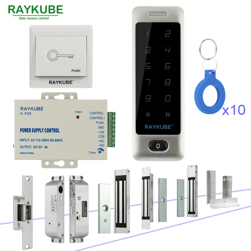 RAYKUBE DIY система контроля доступа набор с сенсорной клавиатурой+ Электронные дверные замки+ кнопка выхода+ блок питания+ RFID ключи