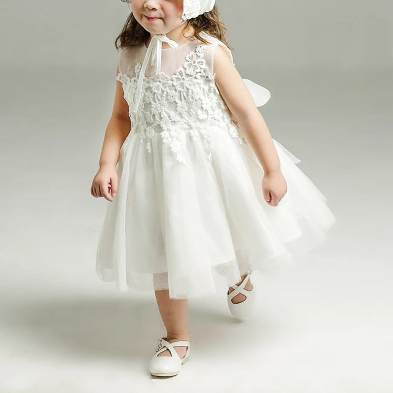 Summer Baby Girl Wedding Dresses with Hat Bow Lace Embroidered