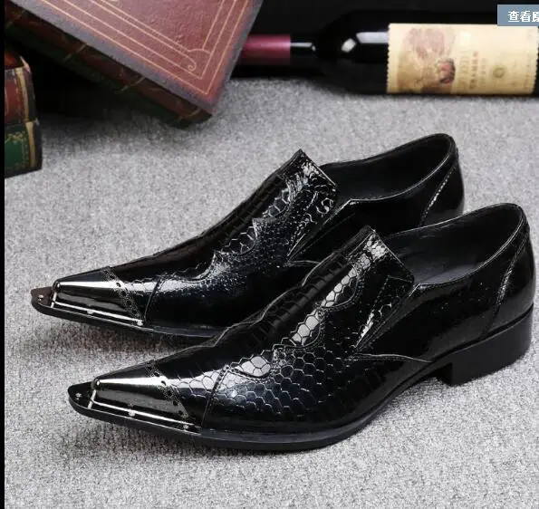 classic mens patent leather black shoes spiked loafers gold pointy toe