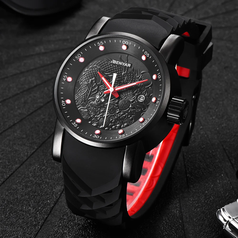 

BENYAR Fashion Luxury Brand Dragon Sculpture Date Men's Quartz Watch 30M Waterproof Silicone Strap Watch Relogio Masculino