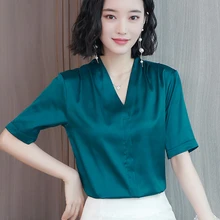 Korean Fashion Silk Womens Tops and Blouses Satin Short Sleeve Pink Women Shirts Plus Size XXXL Blusas Femininas Elegante