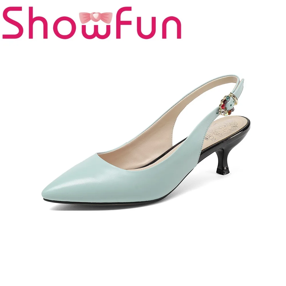 

Showfun genuine leather shoes woman dress fashion solid buckle crystal back strap thin heel sandals