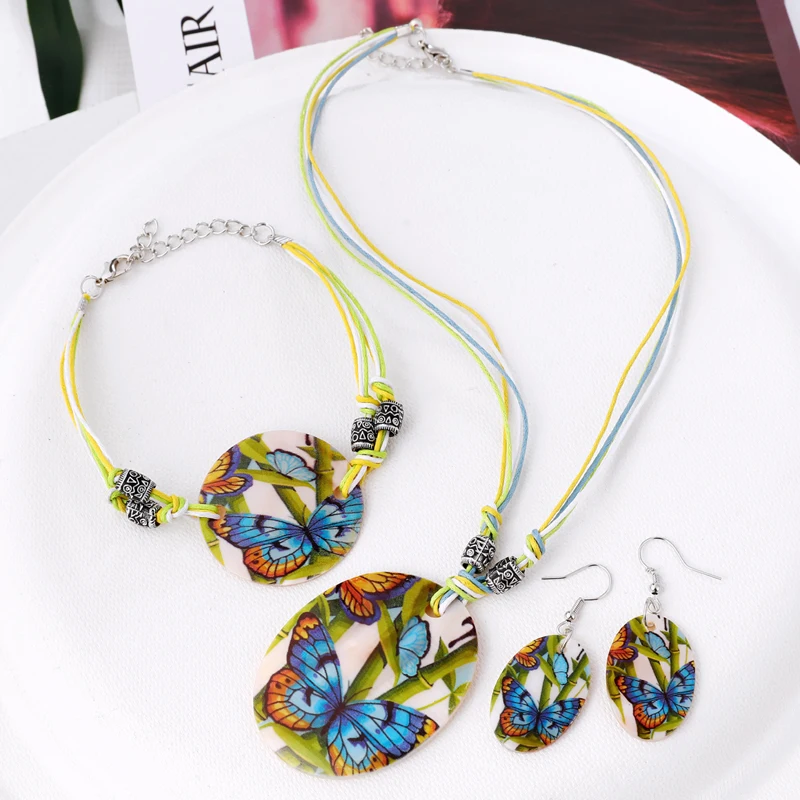 amazing price Fashion Jewelry Set Leather Chain Enamel Shell Necklace Earrings Bracelet Jewelry Sets Summer Bridal Jewelry Sets