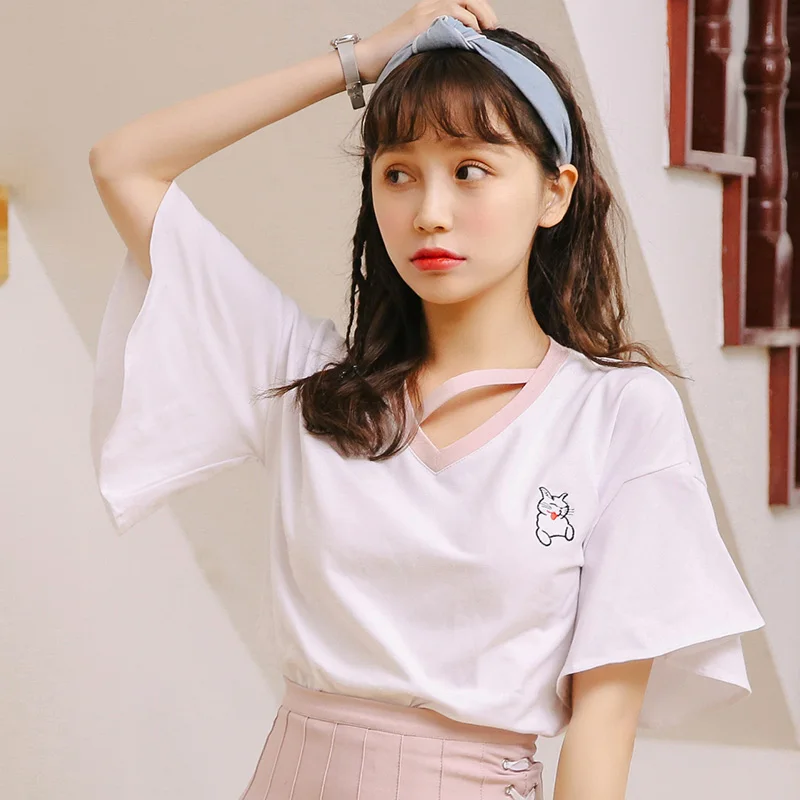 Женская летняя футболка в японском стиле панк Kawaii Ulzzang Корейская с вышивкой