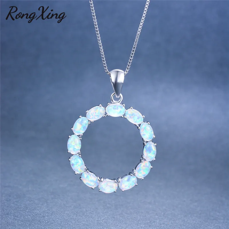 

RongXing White/Blue/Purple Fire Opal Round Pendant Necklaces for Women 925 Silver Filled Birthstone Necklace Engagement Jewelry