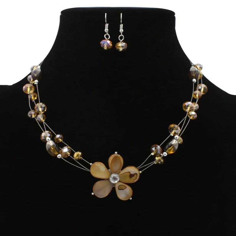 Flower Shell Necklace And Earrings Set Women Rhinestone Jewelry Set
