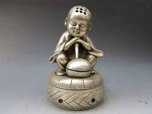 

China silver handwork carved fine censer Buddhist monk incense burner Statue