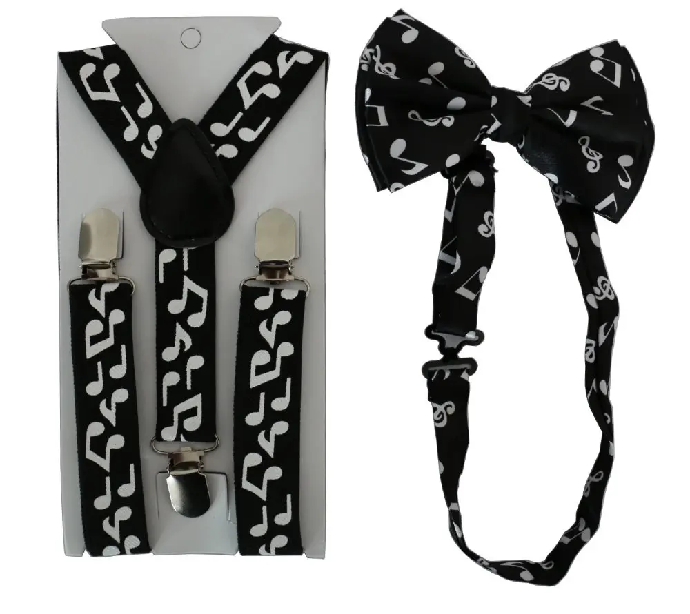 

Free Shipping 2016 New Children Kids 1 Inch Wide Black White Music Note Print Bow Ties And Braces Sets For Boys Girls 1-8 Years