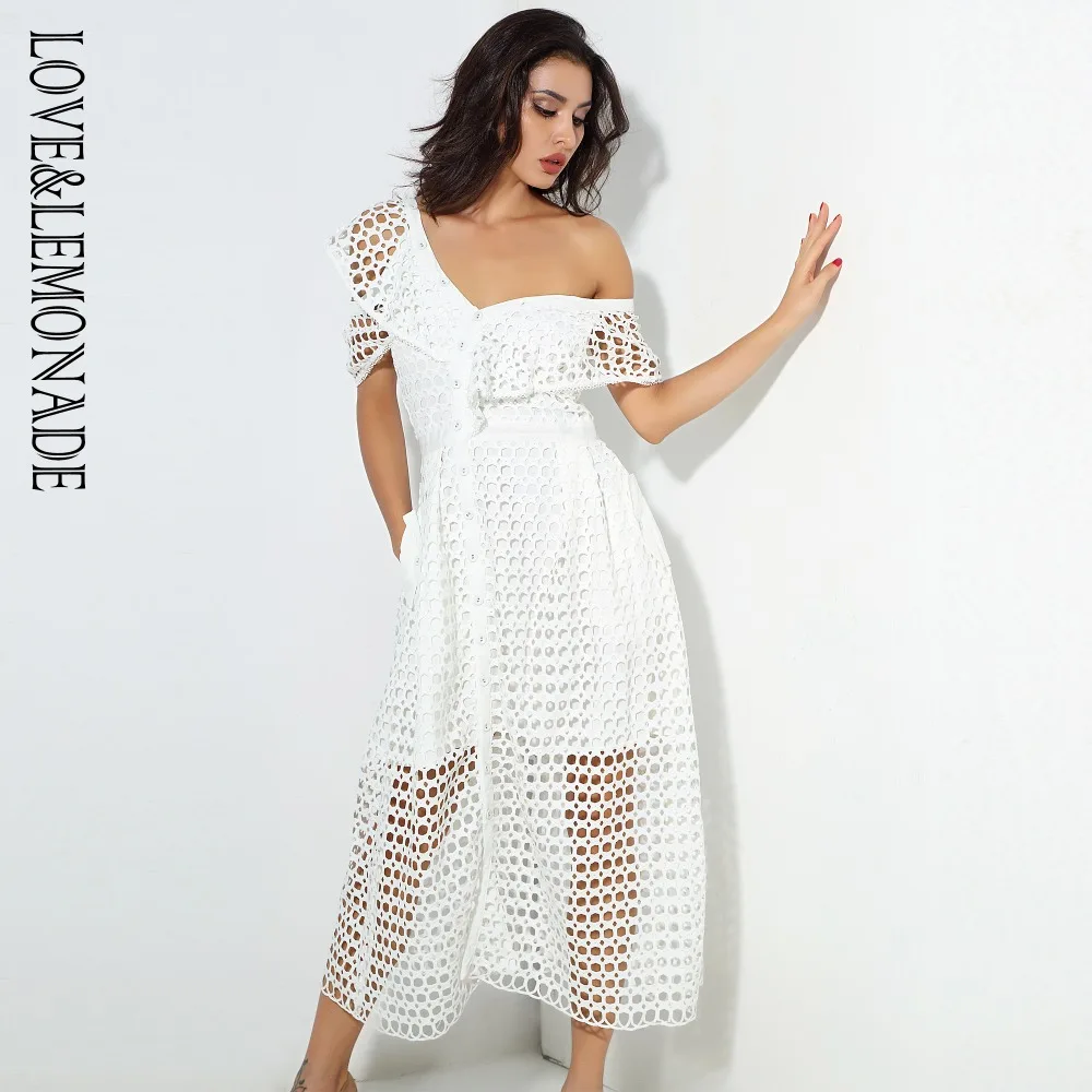Женское кружевное платье LOVE & LEMONADE белое с одним открытым плечом и листьями