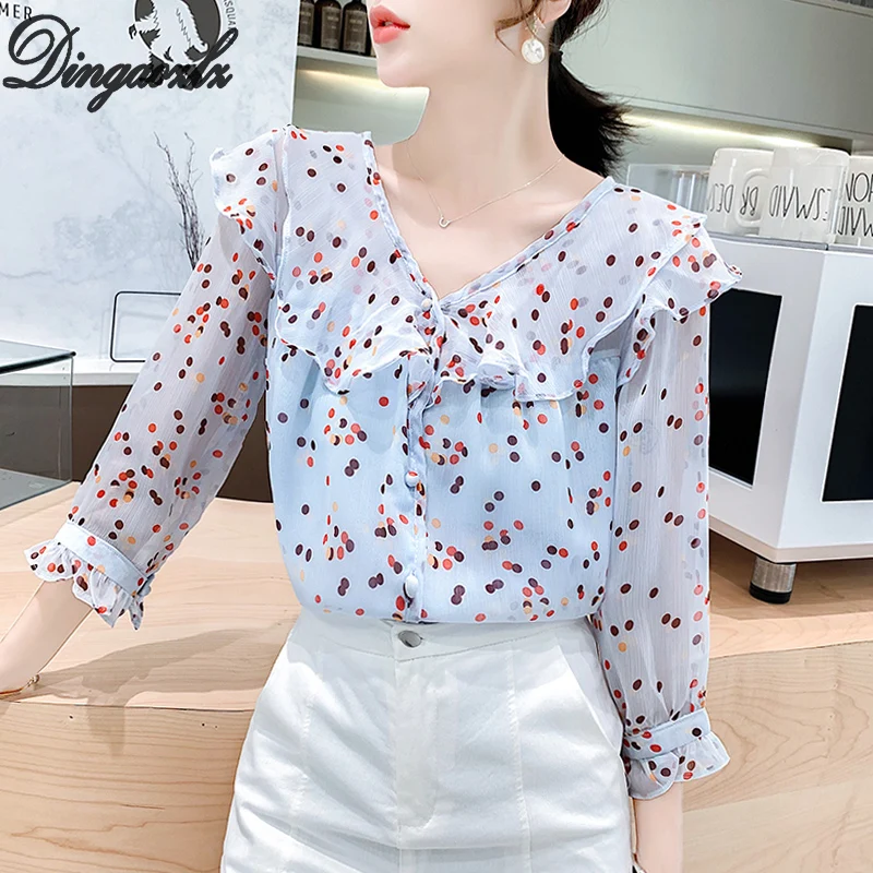 

Dingaozlz Ruffles Chiffon Tops Summer clothing Casual Printed Lady shirt New fashion Women blouse