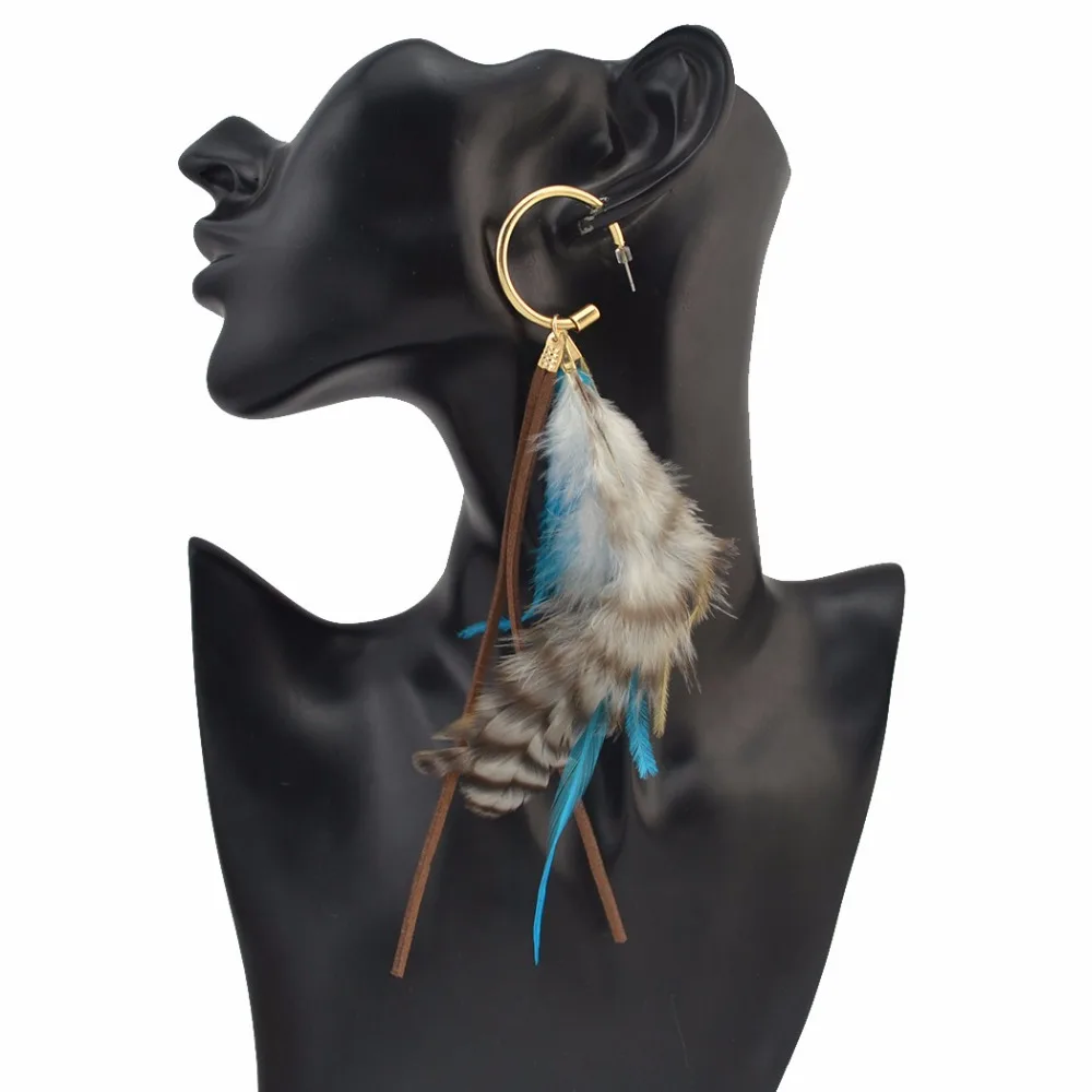 

Bohemian vintage Long Multicolor Feather Hoop Earrings for Women European Irregular Leather Open Earring Brinco Indian Jewelry