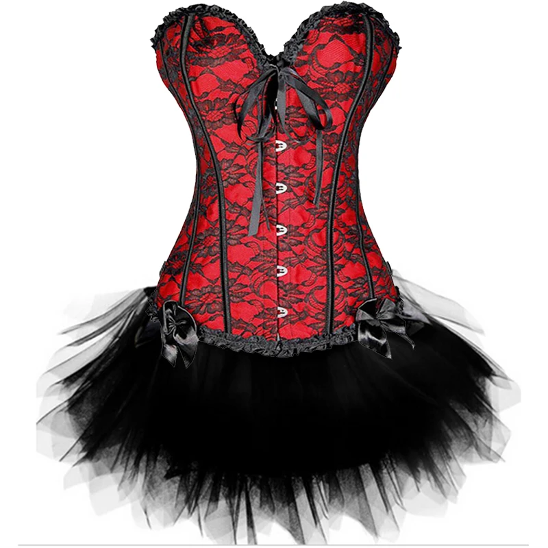Women Sexy Burlesque Overbust Corset Bustier Top With Mini TuTu Skirt Fancy Dresses Costume Sexy Gothic Corsets Dress