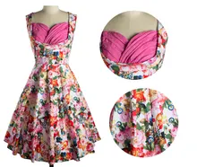 Women Retro Vintage Floral Print Tunic Ruched Swing Dress Ladies Elegant Sexy Prom Fitted Party Dresses