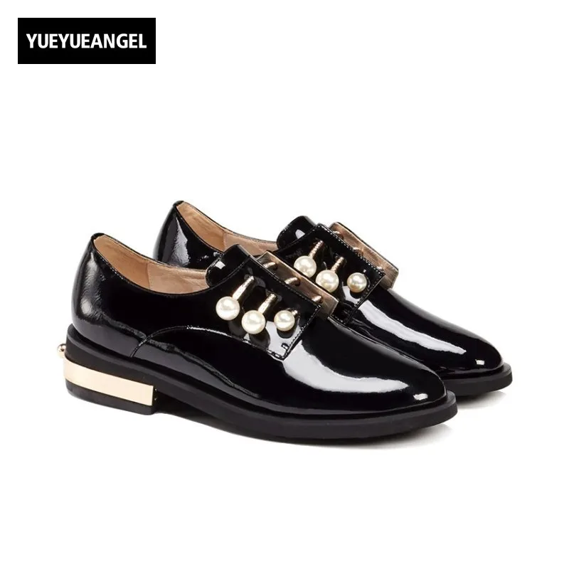 

New Arrival Fashion Women Shoes Genuine Leather Bead Decoration Lace Up Round Toe Lady Party Square Heel Shoes Femme Dress Black