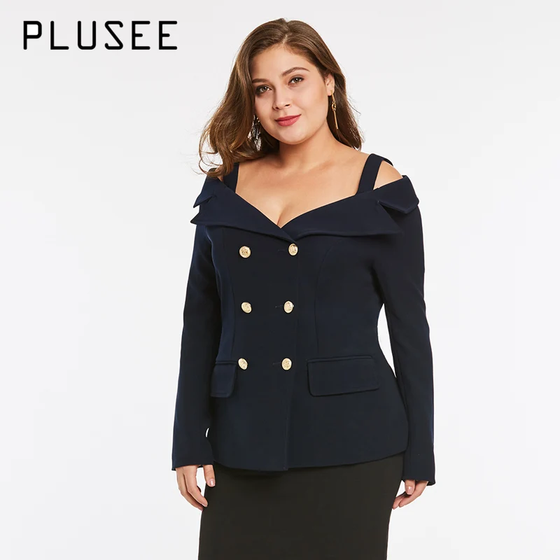 Plusee Women Plus Size Double Breasted Blazer Jacket Long