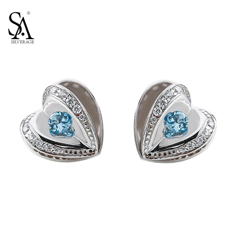 SA SILVERAGE Real 925 Sterling Silver Stud Earrings Blue Topaz Heart 