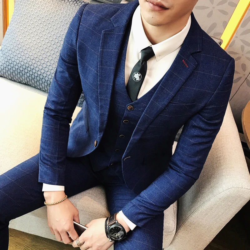 ( Jacket + Pants ) 2018 Spring and Summer New Men's Wedding Fashion Boutique Grid Business Leisure Suits Male Smart Casual Suits