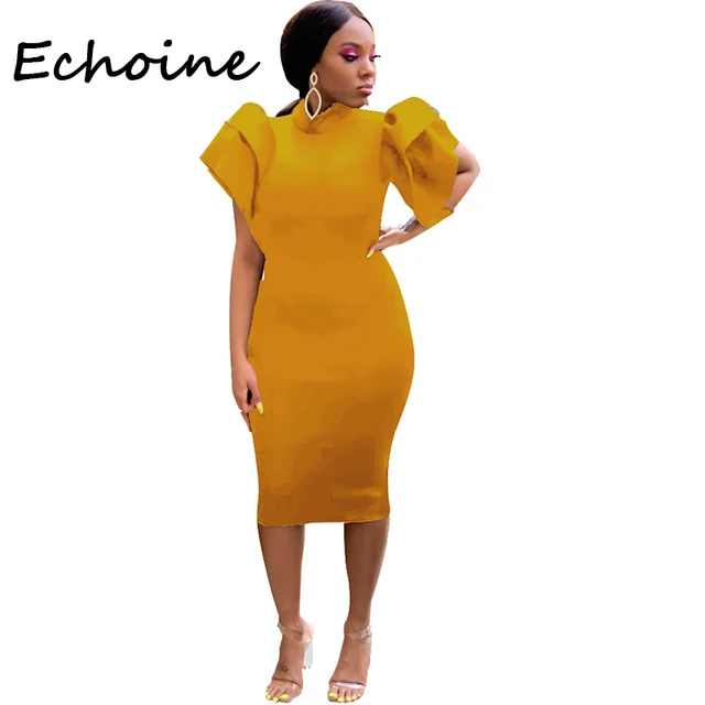 Cheap Echoine Sexy Ruffle Solid Color Bodycon Midi Dress Hollow Out Dresses Woman Party Night  Vestido Summer Clothes For Women