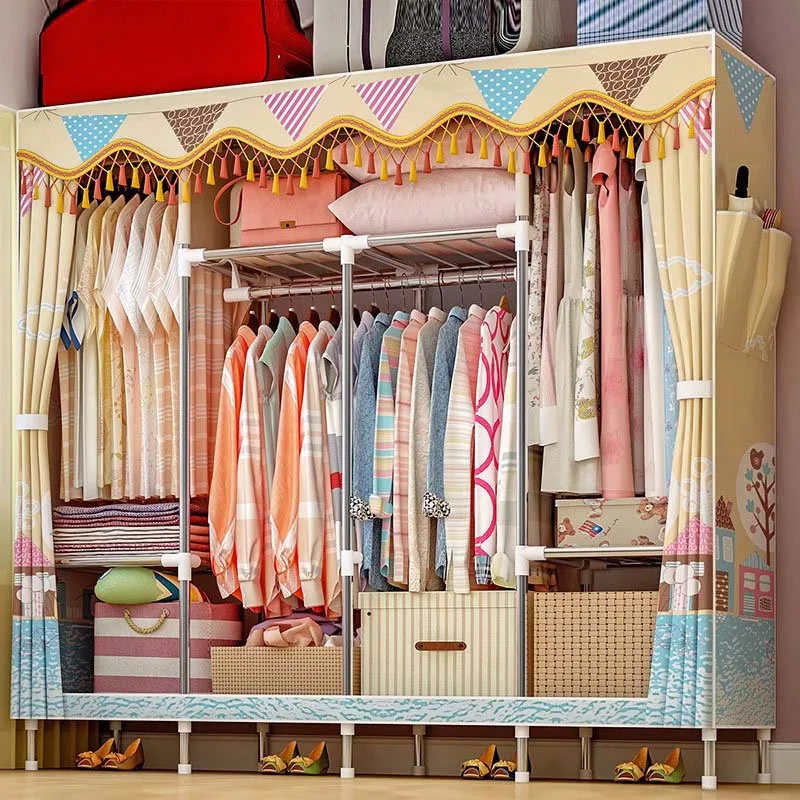 19MM Thicken Steel Pipe Simple Cloth Wardrobe Peach Skin Velvet Dust-proof Closet Storage Cabinet Home Furniture
