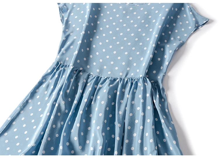 Женское шелковое платье из натурального шелка, Креповое платье в горошек, праздничные платья с коротким рукавом длиной до колена, синее летнее платье, новинка