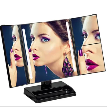 

LED cosmetic mirror three side folding cosmetic mirror 360 degrees rotation multi-functional storage LED mirror
