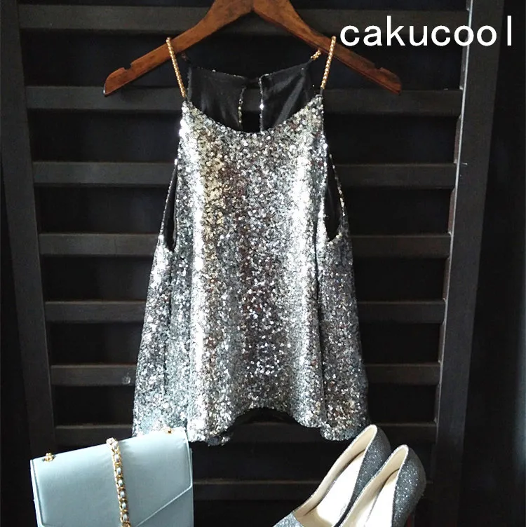 

Cakucool Women Summer tops Shiny Tanks Metal Chain Sleeveless Camis Party Shimmer All Sequins Embellished Camisole Tank Female