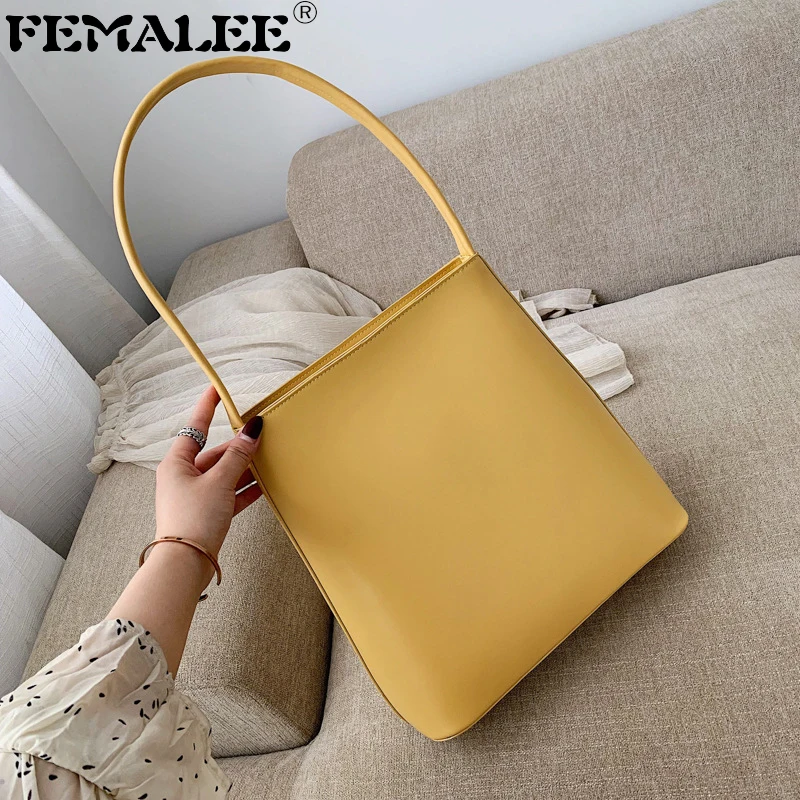 

Women PU Leather Yellow Bucket Bags Simple Retro Shoulder Bag Korean Qualities Tote Bag Lady Vintage Big Capacity Handbag Female
