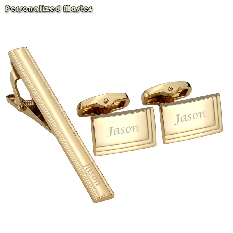 Skup Spersonalizowane mistrz darmowe grawerowanie ze stali nierdzewnej na zamówienie spinki do mankietów spinki do mankietów krawat klip Bar zestaw dla mężczyzn koszula biznes prezent ślubny 3 sztuk