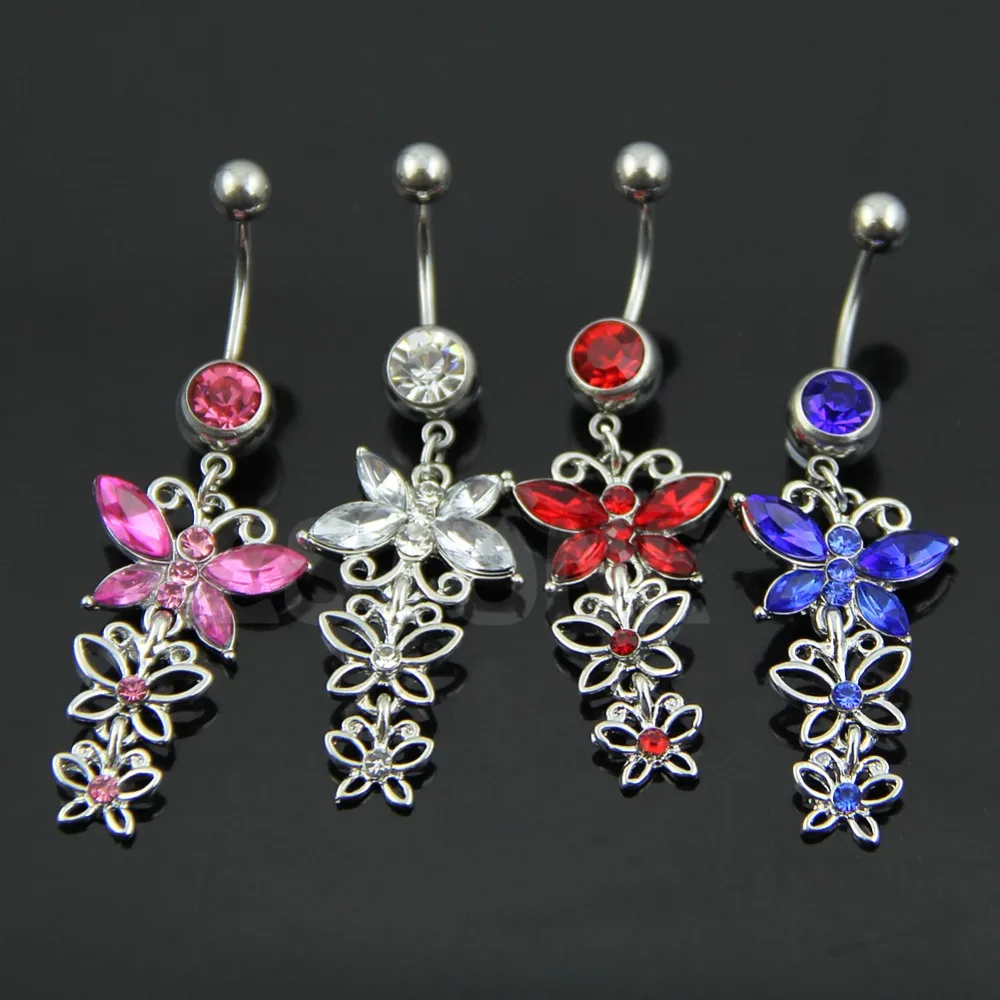 Dropship-Butterfly-Belly-button-ring-Body-piercing-Jewelry-Dangle-Crystal-Gem-14G-316L-Surgical-Steel-bar
