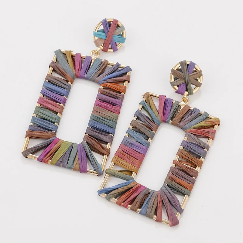 

AENSOA Summer Bohemia Raffia Handmade Drop Earrings For Women Colorful Geometric Rattan Braid Earring Boho Earring Beach Jewelry