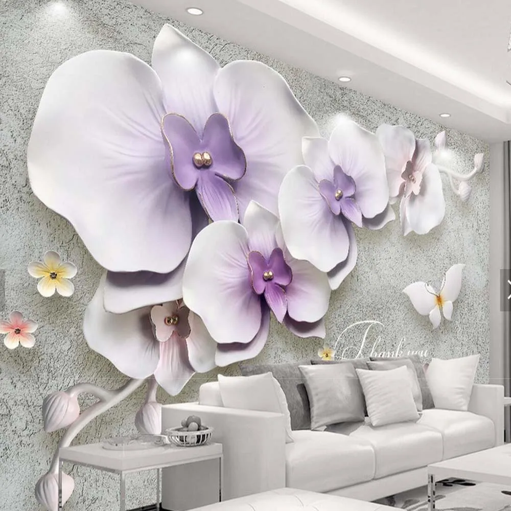 3D Embossed Moth Orchid Flower Jewelry Pearls Photo Wallpaper Mural for Living Room Sofa TV Background Wall Decor Custom Size |