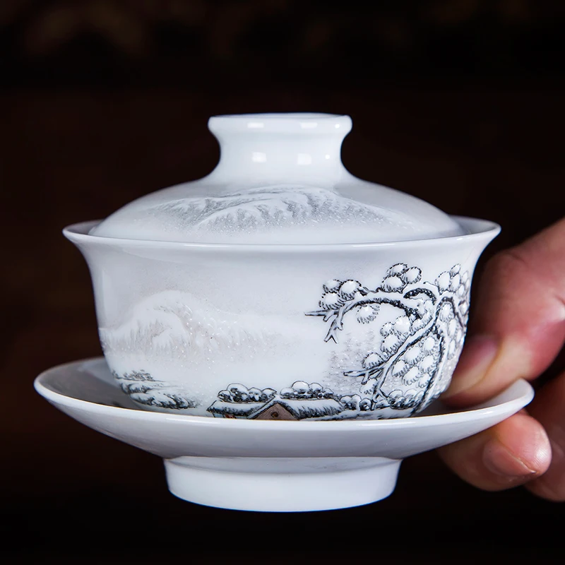 140 мл Цзиндэчжэнь ручная подглазурная роспись Tureen чайная посуда синий и белый фарфор гайвань чайный горшок керамическая чаша чайный набор кунг-фу