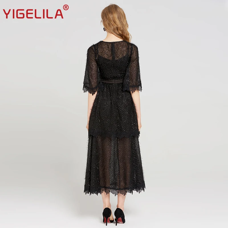 Женское длинное платье YIGELILA черное облегающее до щиколотки с о вырезом и широким