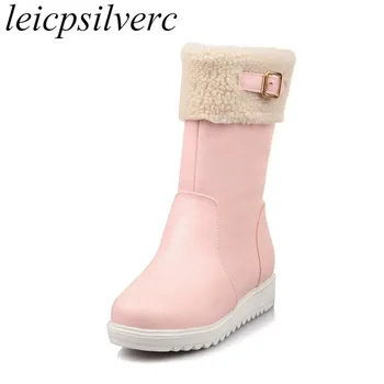 

Women Boots Autumn Winter Warm Plush 2018 New Sexy Fashion Zip Pu Round Toe Mid-calf Motorcycle Snow Boots Waterproof Flat Shoes