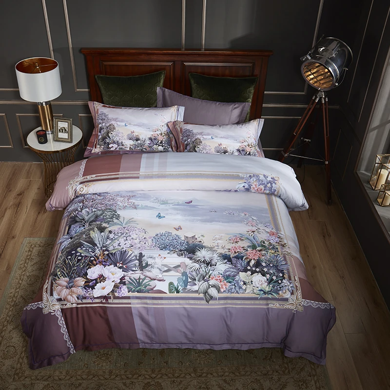 100% Egyptian Cotton Bedding Queen King size 4Pcs Birds and Flowers Leaf Pattern - Image 6