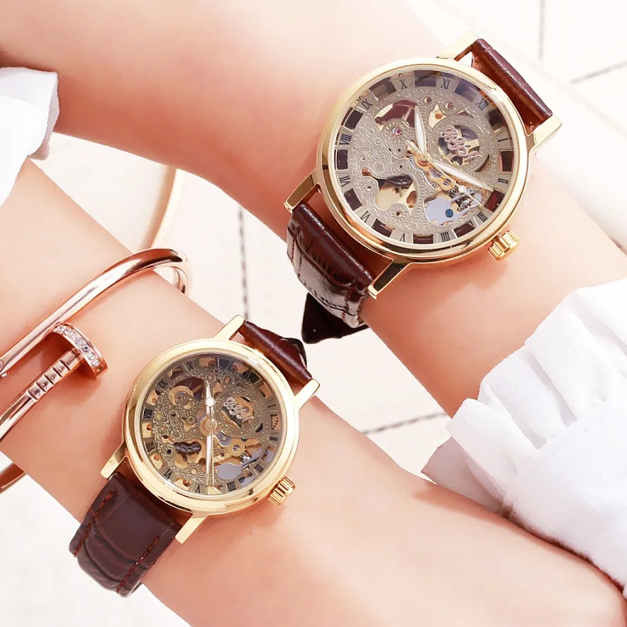 

Luxury Fashion Casual Mens Women Watch Hollow Automatic Mechanical Clock Water Resistant Unisex Genuine Leather Lover Wristwatch